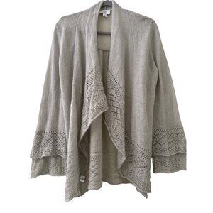 Loft Gray Open-Front Knit Cardigan Sweater L Lace Detail Long Sleeve
